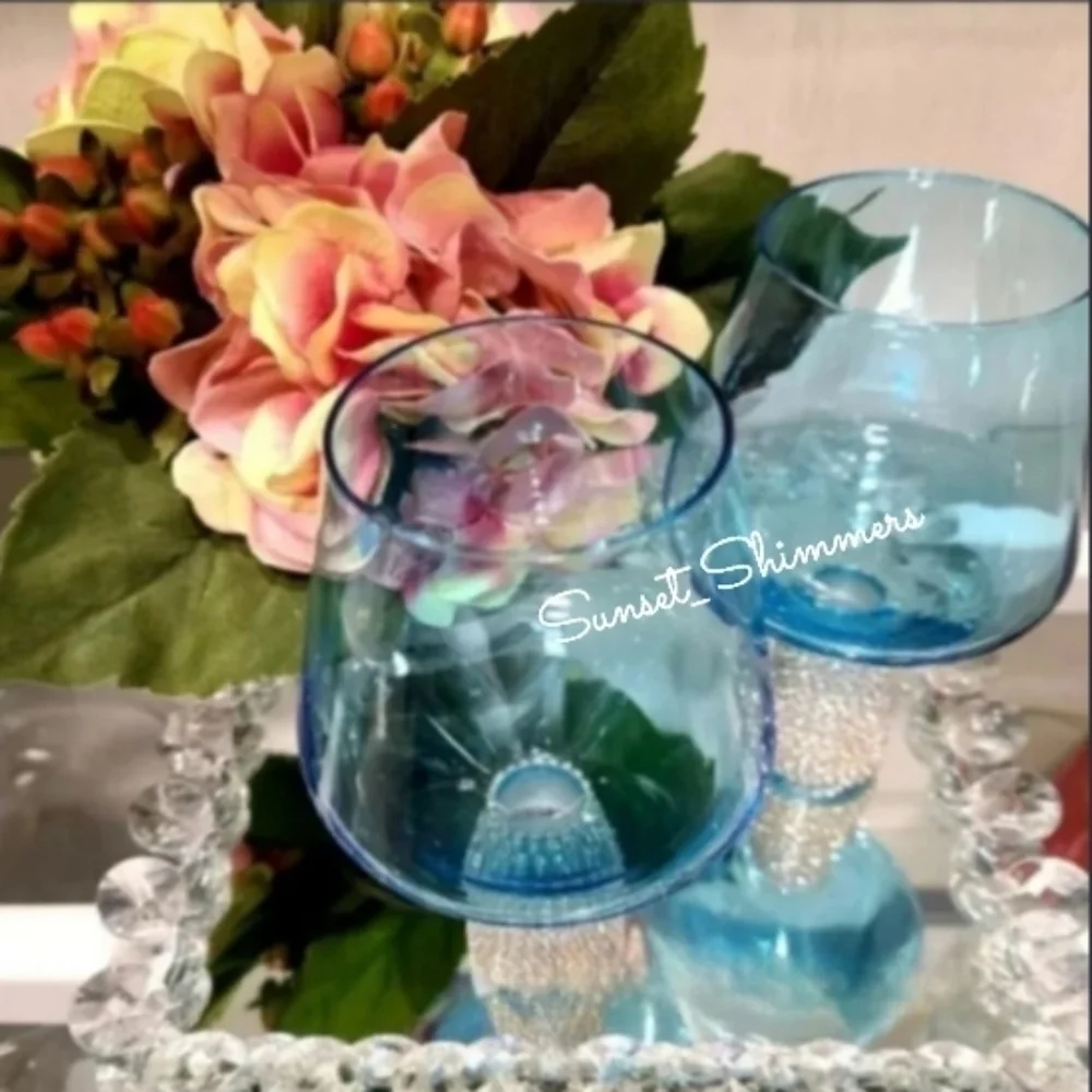 2 New Ice BLUE Rhinestone Crystal Cocktail Bar Wine Glass Goblets NEW